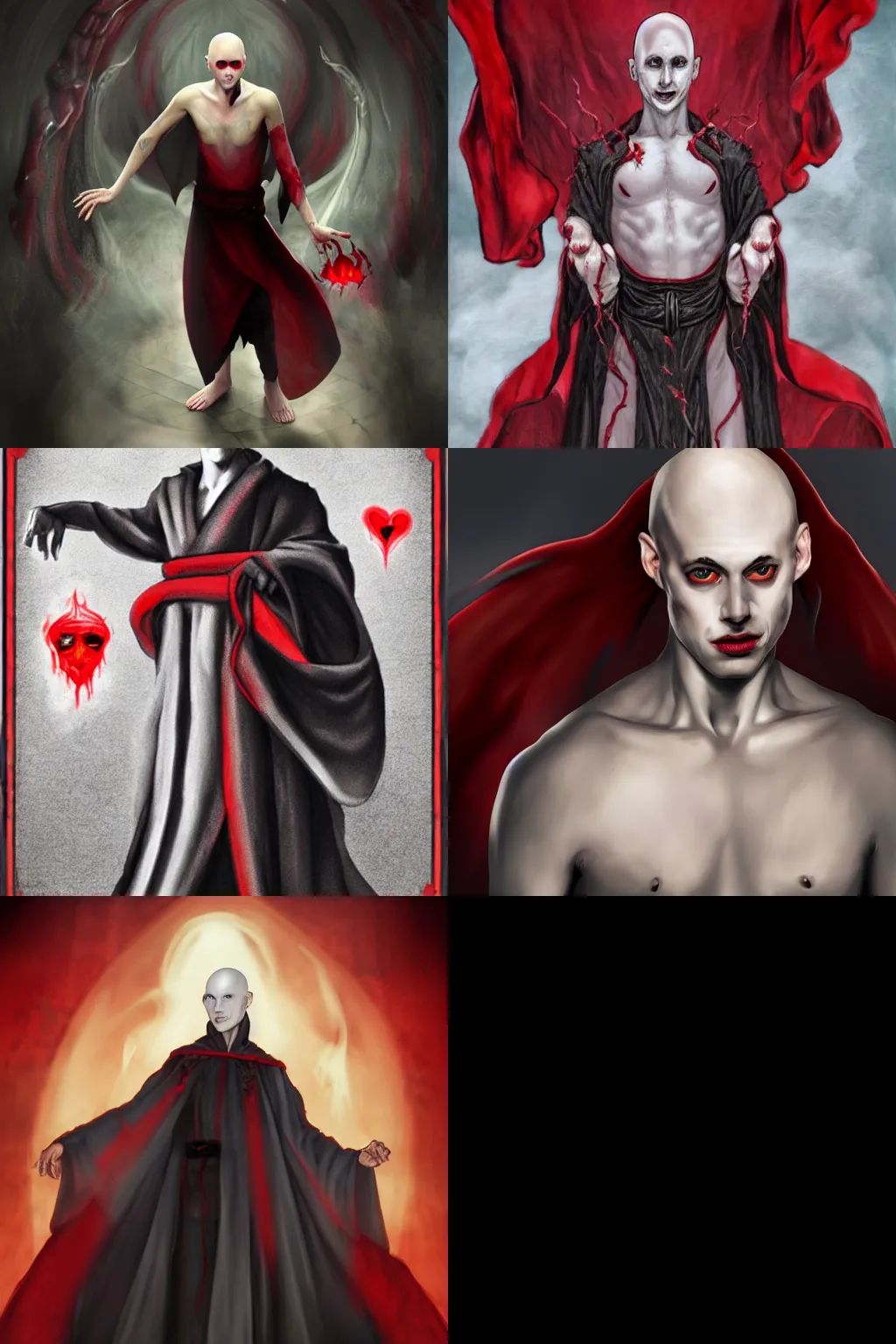 Prompt: realistic portrait of an evil D&D necromancer with a pale skin, an bald head, red eyes, and red and black flowing robes. Floating and bare feet are coming out from under his robes