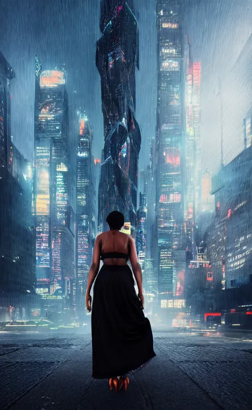 Image similar to “elegant Black woman in dress and heels with her back to us, looking at a futuristic Blade Runner city” 8K