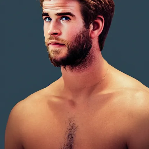 Image similar to a realistic detailed photo of a guy who is an attractive humanoid who is half robot and half humanoid, who is a male android, actor liam hemsworth, shiny skin, posing like a statue, blank stare, in a factory, on display, showing off his muscles