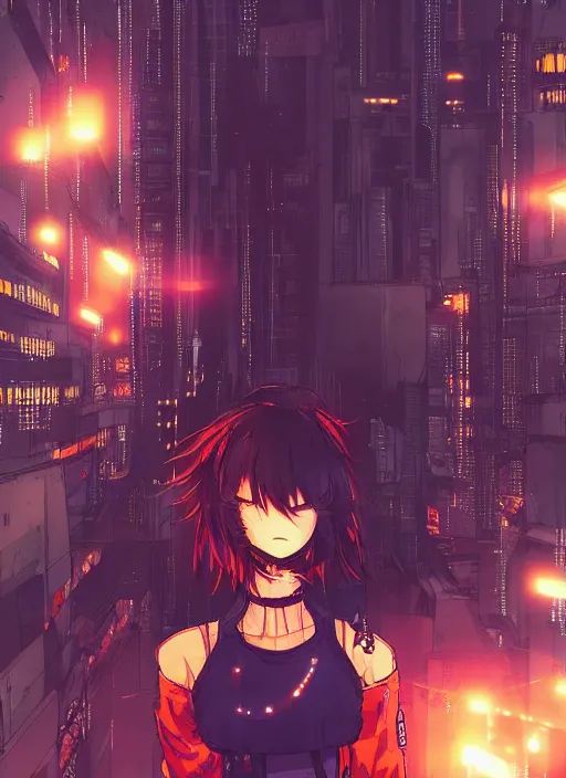 Image similar to manga cover, brown-haired short-haired tomboy girl, spiky wavy hair, orange outfit, intricate cyberpunk city, emotional lighting, character illustration by tatsuki fujimoto