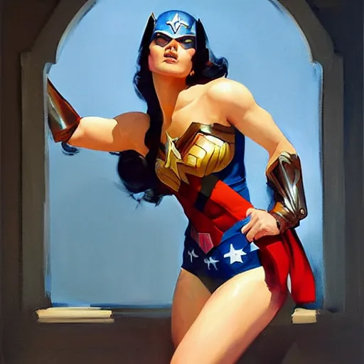 Image similar to greg manchess portrait painting of wonderwoman as overwatch character, medium shot, asymmetrical, profile picture, organic painting, sunny day, matte painting, bold shapes, hard edges, street art, trending on artstation, by huang guangjian and gil elvgren and sachin teng