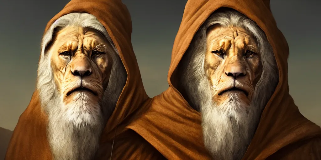 Image similar to a hooded wise old man with a long white beard wearing a brown hooded tunic riding on top of ; lion, majestic, epic digital art, cinematic, trending on artstation, superb detail 8 k, wide - angle, masterpiece