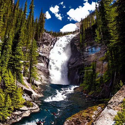 Prompt: a kayak descends Takakkaw Falls waterfall in Yoho National Park, photography in the style of National Geographic