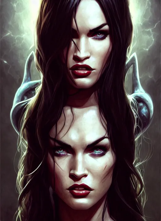 Image similar to portrait of megan fox as a evil demon, hornes, batwings, hell, jewelry, greek, dark, intricate, headshot, key visual, conceptart, ambient lighting, highly detailed, digital painting, artstation, concept art, sharp focus, by makoto shinkai and akihiko yoshida and greg manchess