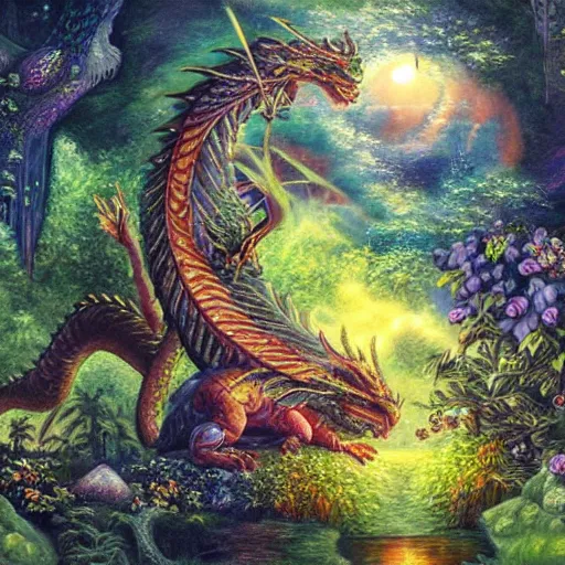 Image similar to Dragon sleeping in a Ethereal fairy forest Oil painting, highly detailed, elaborate