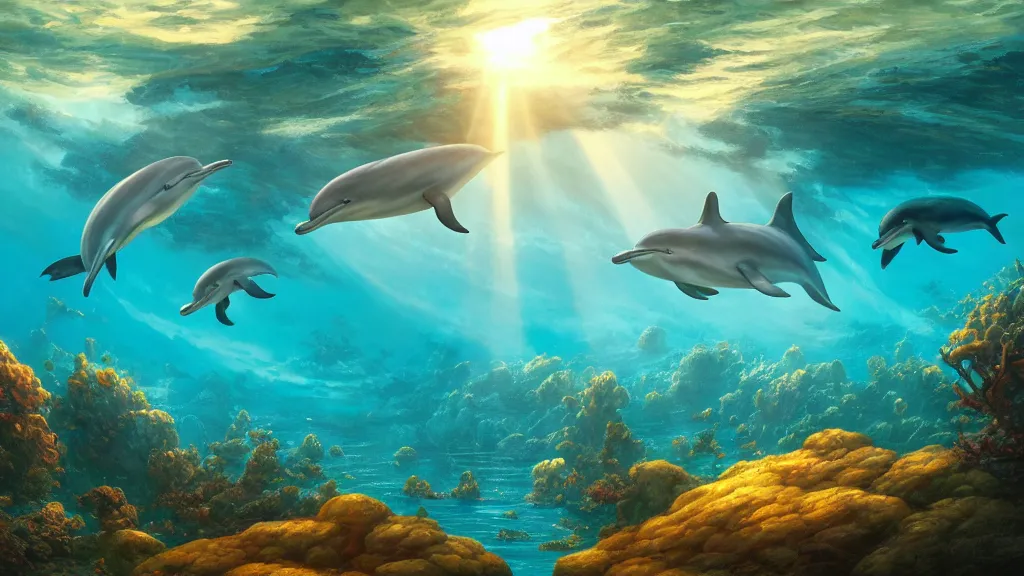 Image similar to underwater sea, summer, sun rays shining through the surface, dolphins swimming, peaceful, amazing, by andreas rocha and john howe, and Martin Johnson Heade, featured on artstation, featured on behance, golden ratio, ultrawide angle, f32, well composed