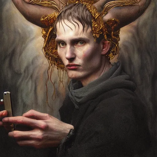 Image similar to goetic demon taking a selfie | highly detailed oil painting, hyperrealistic, very intrincate, detailes face | cinematic lighting, award - winning | by roberto ferri, gustav klimt, william waterhouse and tom bagshaw | by austin osman spare and william blake, trending on artstation, cgsociety, official art, octane.