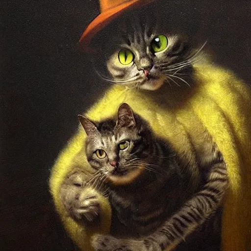 Prompt: a futuristic robotic cat wearing a hat, oil painting, atmospheric lighting, highly detailed rembrandt van rijn, aert de gelder, esaias van de velde