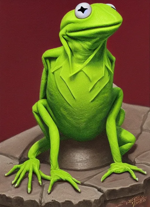 Image similar to portrait of Kermit the frog in Society (1989), highly detailed, centered, solid color background, digital painting, artstation, concept art, smooth, sharp focus, illustration, artgerm, donato giancola, Joseph Christian Leyendecker, Les Edwards, Ed Repka, WLOP