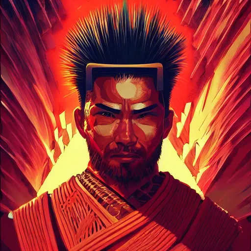 Prompt: portrait painting of a maori street samurai with spiky red hair, cyberpunk, glitchwave, sharp focus, award - winning, trending on artstation, masterpiece, art by josan gonzales and moebius