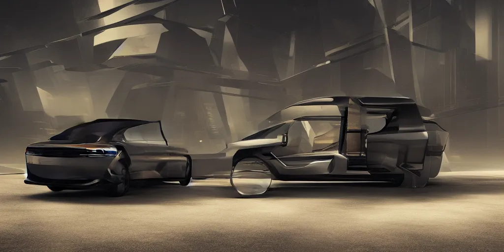 Prompt: a design of a futuristic minivan, designed by Polestar, blade runner background, stained antique copper car paint, black windows, dark show room, dramatic lighting, hyper realistic render, depth of field