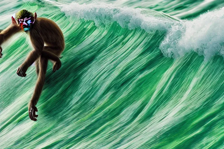 Image similar to monkey surfing on a green sea wave, natural lighting, highly detailed, 4 k, ultra hd