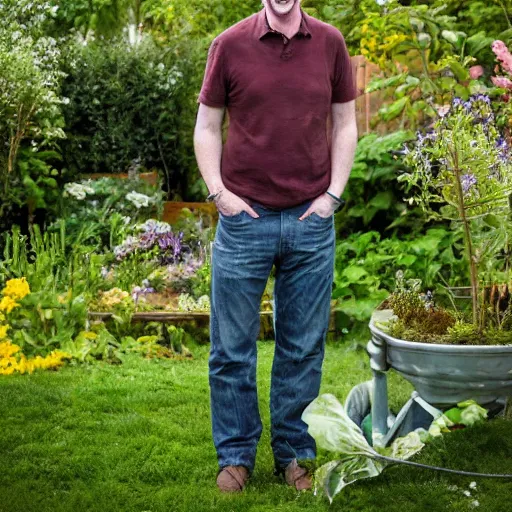 Prompt: professional photograph of Adam Savage smiling in a garden