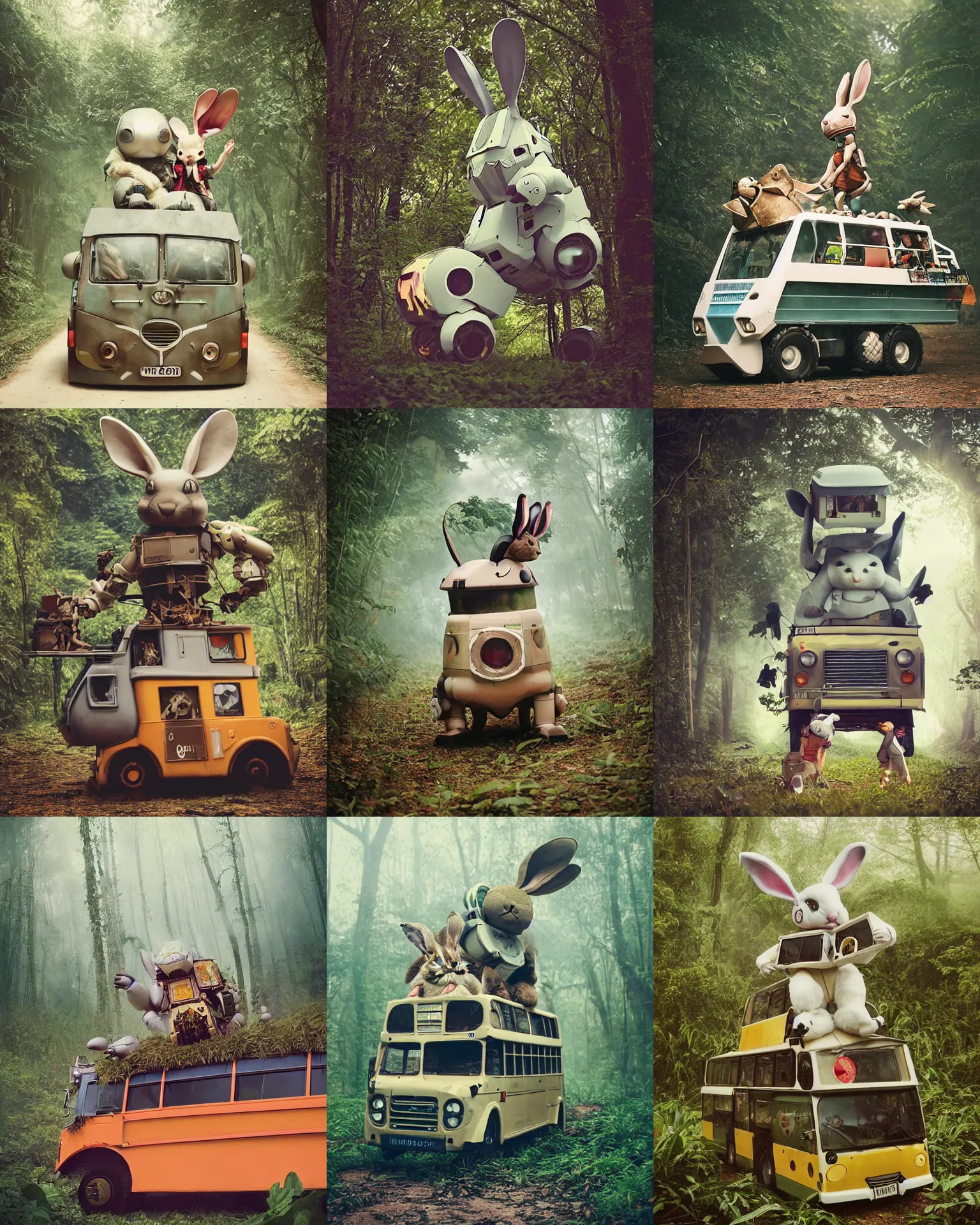 Prompt: attack pose !! giant oversized battle rabbit robot chubby mech baby as double decker bus with big ears and rabbit , on a jungle forest , full body , Cinematic focus, Polaroid photo, vintage , neutral dull colors, soft lights, foggy ,random weather, by oleg oprisco , by victor enrich