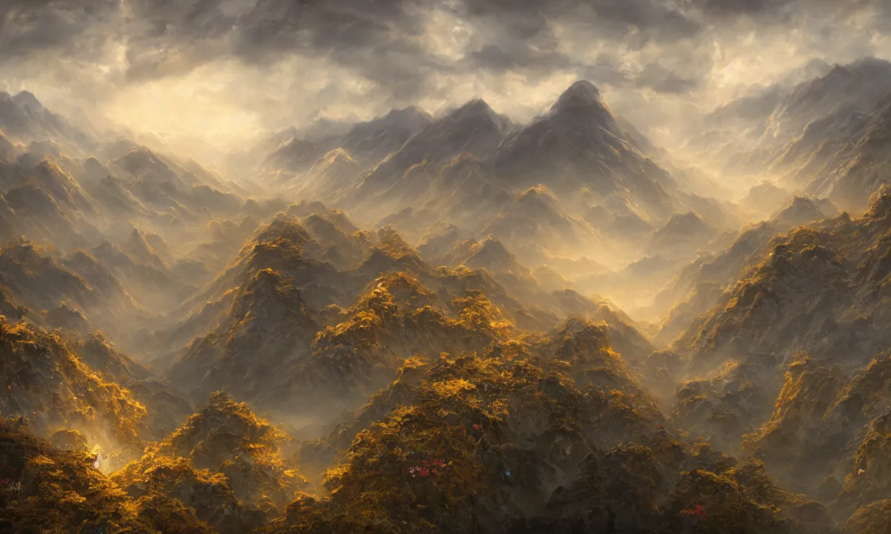 Image similar to breathtaking detailed soft painting of an aerial landscape in luxurious nature, mountains rockas at dawn with ribbons and golden petals flying, with intricate art nouveau moody dark tumultuous clouds, by dao trong le, artstation, concept art, matte, 8 k,