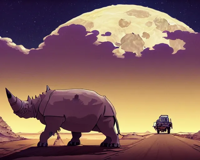 Image similar to a cell shaded cartoon of a lovecraftian mechanized rhino on a desert road, in front of a big moon illustration, wide shot, subtle colors, post grunge, studio ghibli, david rubin, mike mignola, laurie greasley, highly detailed, sharp focus, trending on artstation, hq, deviantart, art by artgem