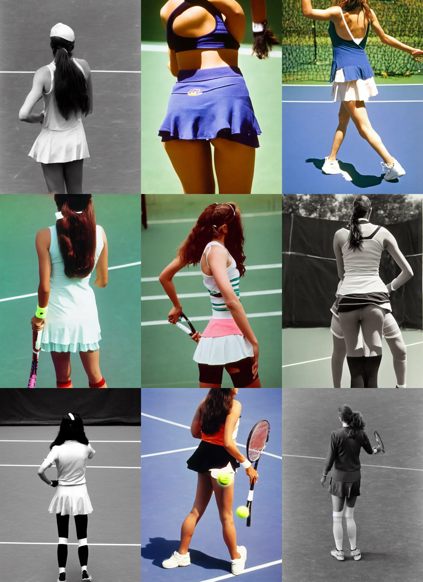 Prompt: A woman, tennis wear, long hair, tights; on the tennis coat, summer; 90's professional color photograph, low angle, view from behind,