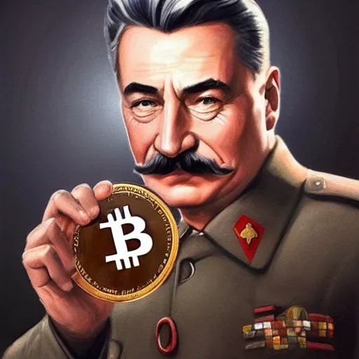 Prompt: realistic josef stalin holding cryptocurrency bitcoin coin in hand, in front of computer, portrait, highly detailed, hyperrealistic, digital painting, artstation, concept art, smooth, sharp focus, illustration, cinematic lighting, art by artgerm and greg rutkowski