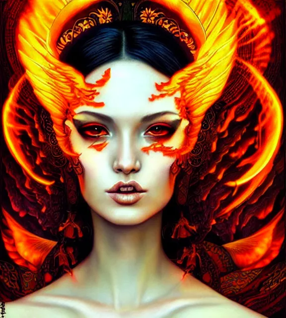 Prompt: fiery goddess, fluorescent tattoos, portrait, tarot card, digital art by artgerm and karol bak