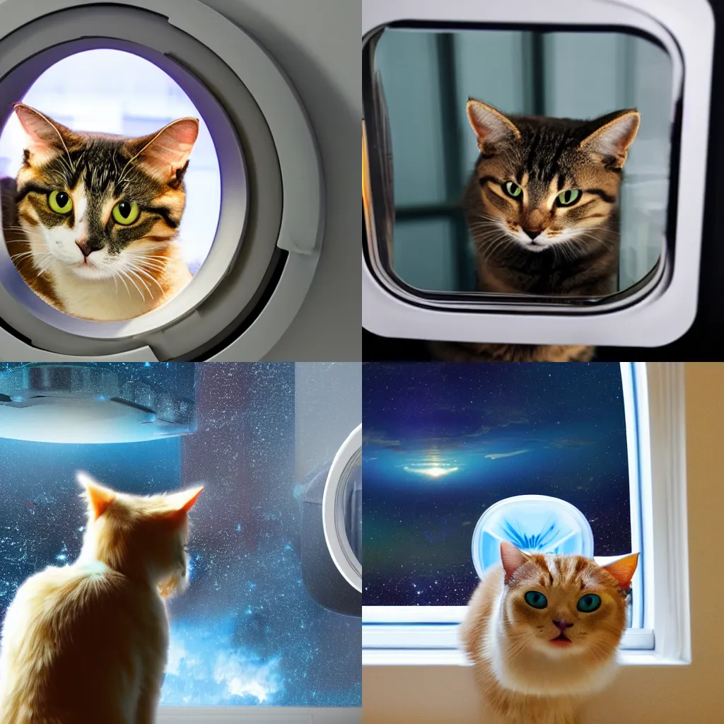 Prompt: cat watching martian landscape, standing inside a futuristic window, next to a food bowl