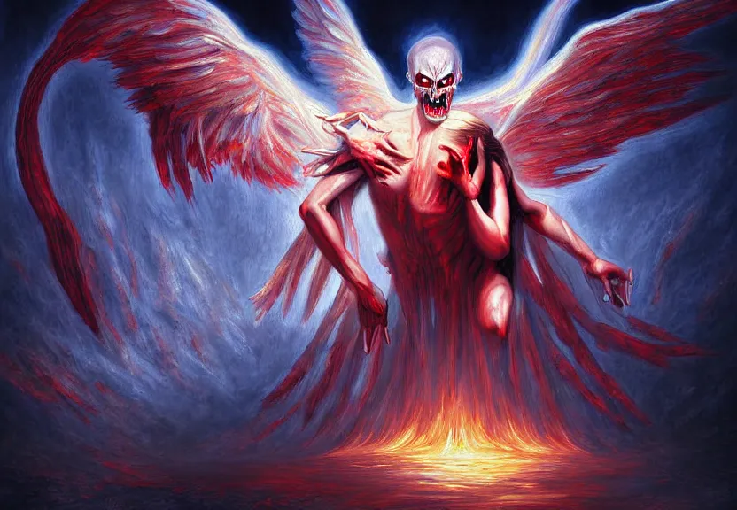 Prompt: demon afraid of an angel painting, good vs evil, highly detailed, digital painting, smooth, sharp focus, illstration, ultra realistic, dmon vs angle, heaven vs hell, 8 k, screaming demon, confident angle