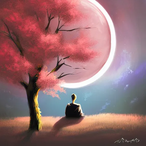 Image similar to Man sleeping under a sakura tree during a full moon by Anato Finnstark, digital art