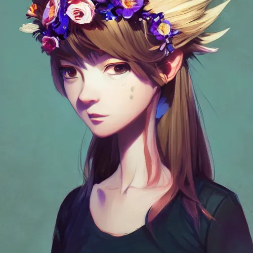 Image similar to portrait of anime pixie character with flower crown hair, manga cover, highly detailed, digital painting, artstation, concept art, sharp focus, illustration, strong brush stroke, anime, art by greg rutkowski, ilya kuvshinov, sharp focus, ghibli studio, art by ilya kuvshinov, rossdraws