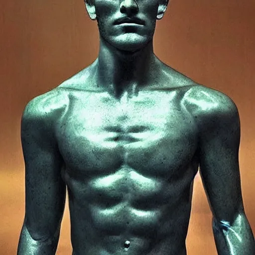 Image similar to “a realistic detailed photo of a guy who is an attractive humanoid who is half robot and half humanoid, who is a male android, boxer Conor McGregor, shiny skin, posing like a statue, blank stare”