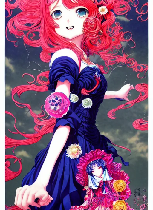 Prompt: exquisite imaginative fate manga poster design of princess, long wavy hair, rococo ruffles dress, fluorescent, illustration, artstation, dark fantastic, highly detailed, 8 k, maximalist, by shigenori soejima, minaba hideo, katsuhiro otomo, jump comics