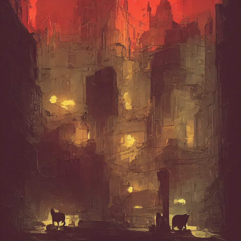 Prompt: concept portrait of cat staring contemptuously at people, dark atmosphere, lovecraftian background, lynchian atmosphere, film noir, artstation, art by petros afshar, tom whalen, laurie greasley and greg rutkowski and ilya kuvshinov