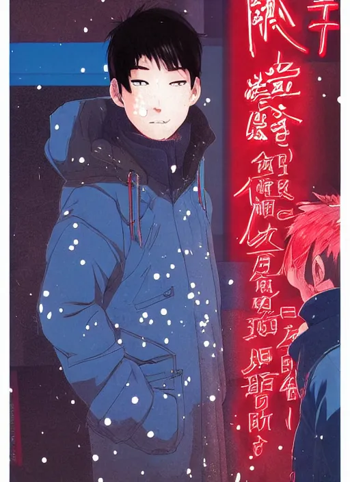 Prompt: manga cover, asian boy with middle parted black hair, red turtleneck under blue parka, intricate cyberpunk city, emotional lighting, character illustration by tatsuki fujimoto