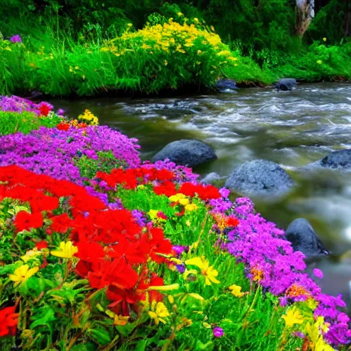 Prompt: colorful flowers growing next to a gentle creek