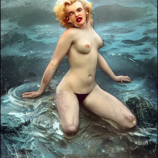 Image similar to a photograph of a clone of marilyn monroe submerged and rusted in the water, cinematic, volumetric lighting, f 8 aperture, cinematic eastman 5 3 8 4 film, photorealistic by greg rutkowski, by stanley artgerm, by alphonse mucha