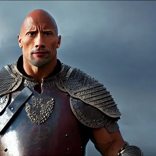 Dwayne 'the rock' johnson in knight armor raising eyebrow