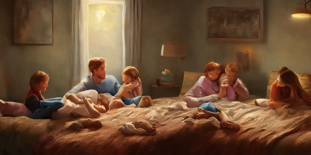 Image similar to family sick with the flu, ultra realistic, cozy, warm lighting, high art, oil painting, 8 k resolution