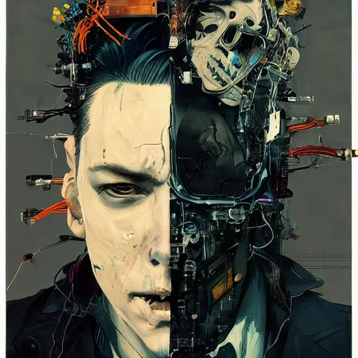 Image similar to a male cyberpunk noir detective, skulls, wires cybernetic implants, machine noir grimcore, in the style of adrian ghenie esao andrews jenny saville surrealism dark art by james jean takato yamamoto and by ashley wood and mike mignola