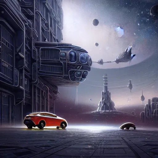 Image similar to A photo of car in the form of a space horse, street on the space city, Norilsk, sci-fi, fantasy, intricate, very very beautiful, by Evgeny Zubvkov, elegant, highly detailed, digital painting, artstation, concept art, smooth, sharp focus, illustration, art by artgerm and greg rutkowski and alphonse mucha