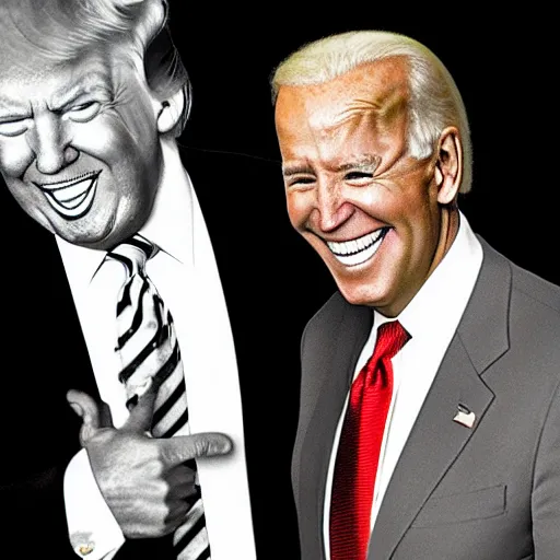 Image similar to donald trump and joe biden laughing together, taken by a bad webcam.