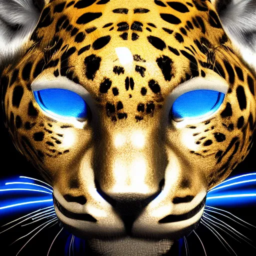 Image similar to metallic jaguar with glowing blue eyes, octane render