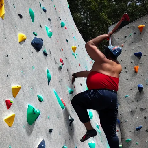 Image similar to obese saddam hoessein climbing wall, extreme sport