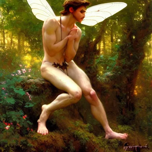 Image similar to attractive male fairy with wings in the forest, posing. highly detailed painting by gaston bussiere, craig mullins, j. c. leyendecker, 8 k