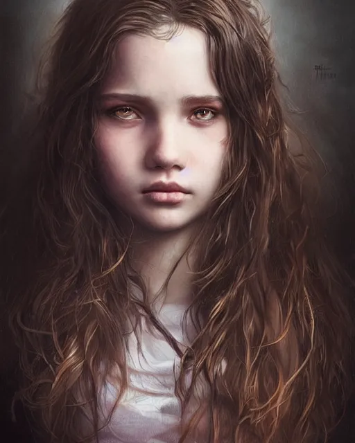 Prompt: portrait of 1 5 - year - old girl with voluminous bushy brown hair, large front teeth, and bright piercing brown eyes, hyper realistic face, beautiful eyes, fantasy art, in the style of greg rutkowski, intricate, hyper detailed, smooth