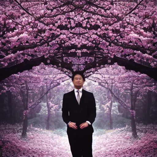 Prompt: photograph of an astronaut wearing a black suit in the middle of a cherry blossom eden, foggy, atmospheric