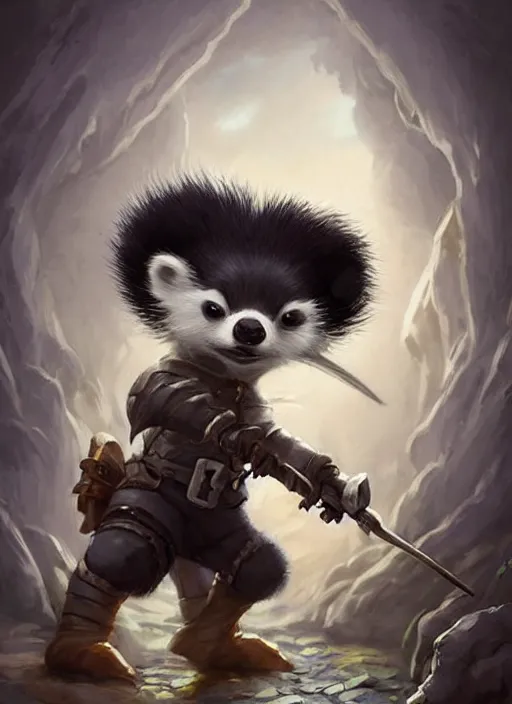 Image similar to cute little anthropomorphic skunk hunter wearing bindrain (eyepatch), tiny, small, miniature animal, baby animal, short, pale black armor, cute and adorable, pretty, beautiful, DnD character art portrait, matte fantasy painting, DeviantArt Artstation, by Jason Felix by Steve Argyle by Tyler Jacobson by Peter Mohrbacher, cinematic lighting