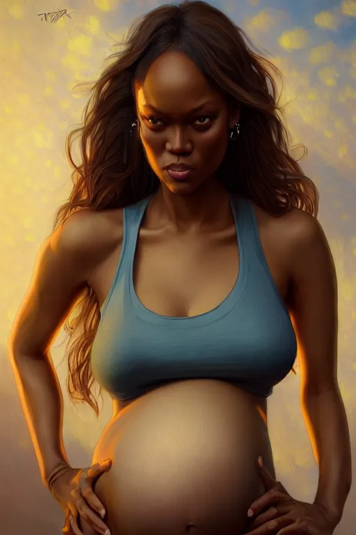 Image similar to pregnant tyra banks in a tank top, realistic portrait, symmetrical, highly detailed, digital painting, artstation, concept art, smooth, sharp focus, illustration, cinematic lighting, art by artgerm and greg rutkowski and alphonse mucha