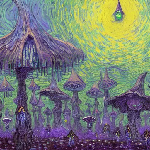 Image similar to concept art detailed painting of a dark purple fantasy fairytale fungal town made of mushrooms, with glowing blue lights, in the style of vincent van gogh and albert bierstadt and wayne barlowe