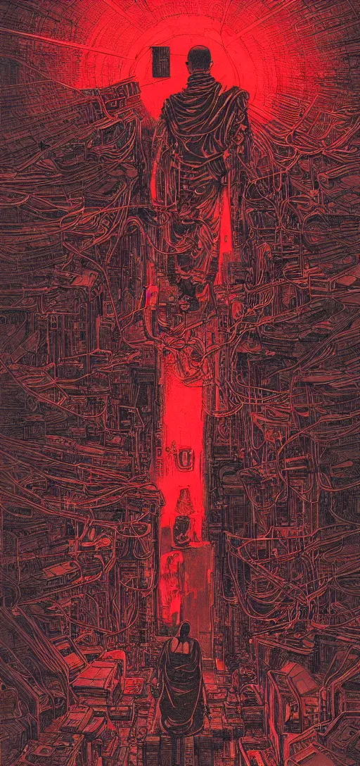 Prompt: Cyberpunk Buddhist Monk | Cyborg in Red surrounded by cables | 19th century wood-engraving , whole page illustration , rule of third, art in the style of greg rutkowski and thomas kinkade and Larry Elmore