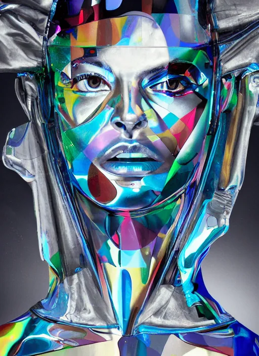 Image similar to futuristic lasers tracing, colorsmoke, fullbodysuit, pyramid hoodvisor, face cover, raindrops, wet, oiled, beautiful cyborg girl, by steven meisel, kaws, rolf armstrong, mondrian, hannah af klint perfect geometry abstract acrylic, octane hyperrealism photorealistic airbrush collage painting, monochrome, fluorescent colors, minimalist rule of thirds, eighties eros