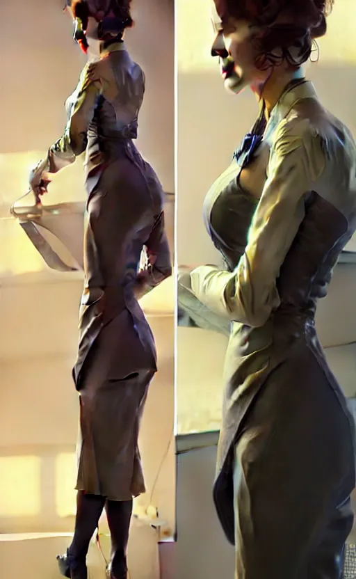 Image similar to Female in office dress, sci-fi, highly detailed, digital painting, artstation, concept art, smooth, sharp focus, illustration, art by artgerm and greg rutkowski and alphonse mucha