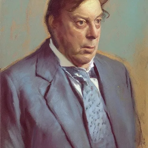 Image similar to “portrait of Barry humphries’ character sir les Patterson, in stained powder blue site and wide silk tie, by John singer Sargent”